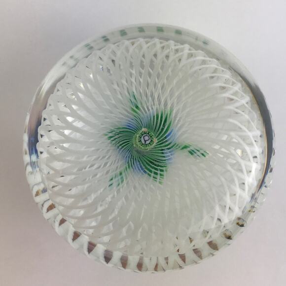 Perthshire 1985A Miniature Blue Flower Spiral Latticinio Cushion Paperweight - Picture 2 of 14